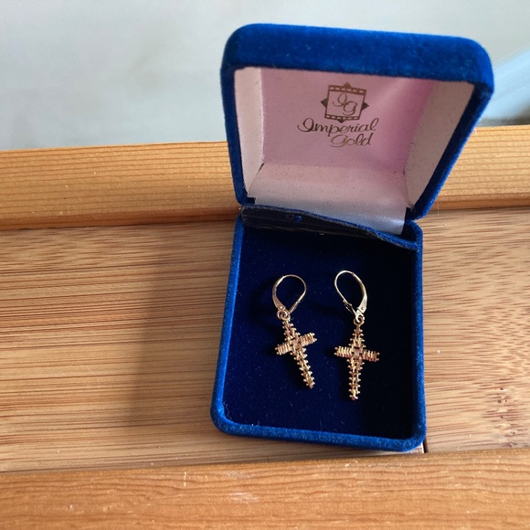 14K YELLOW IMPERIAL GOLD WHEAT DESIGN LEVERBACK CROSS DANGLE EARRINGS - Picture 3 of 5